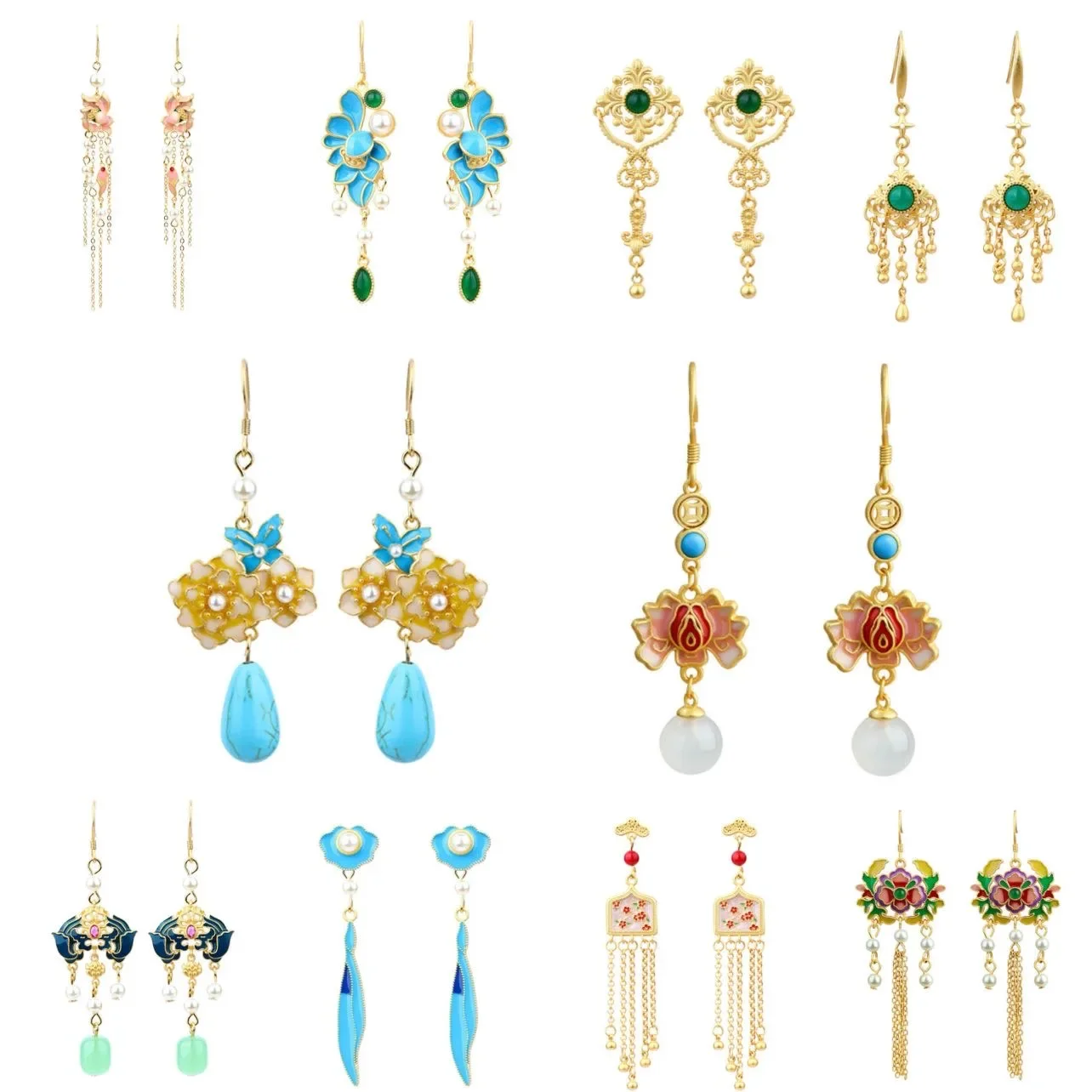 Ethnic Palace Style Flower Tassel Earrings for Women Hand-carved Peacock Blue Gold Color Inlay Gemstone Luxury Banquet Jewelry