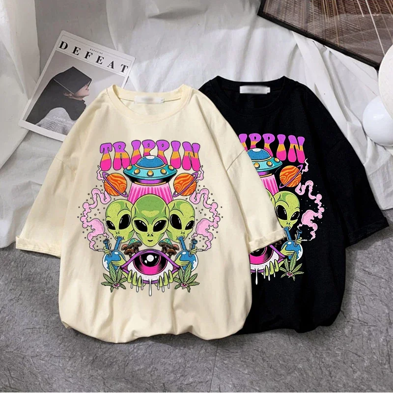 Harajuku Gothic Women T Shirt Alien Print Short Sleeve Tops Tees Fashion Oversized T Shirt Women Clothing Female T-shirts