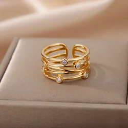 Multilayer Winding Line Zircon Rings For Women Stainless Steel Open Adjustable Geometry Ring 2024 Trend Jewerly anillos mujer