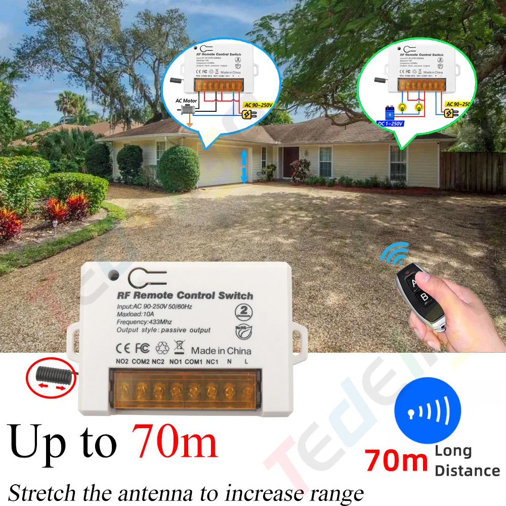 Universal Garage Door Motor Light Gate Remote Controller Switch Wireless AC 110V 220V 2CH Relay Receiver Module with Transmitter