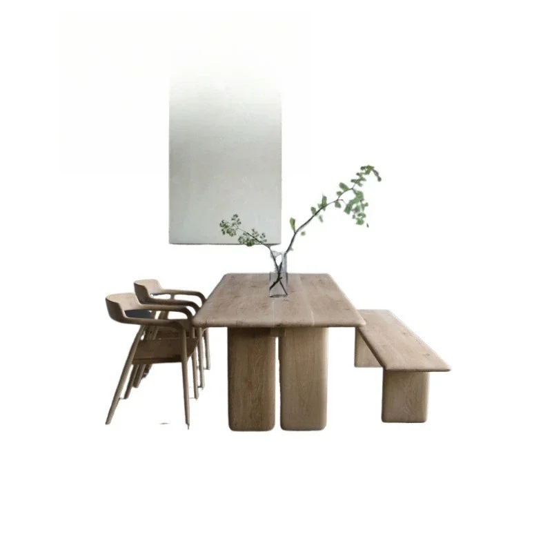 Modern wabi sandy style simple Nordic French white oak log solid wood long dining table, bench chair set