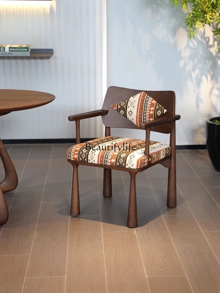 

02 French Vintage Solid Wood Dining Chair with Backrest and Armrests for Home Use, Leisure Retro Chair