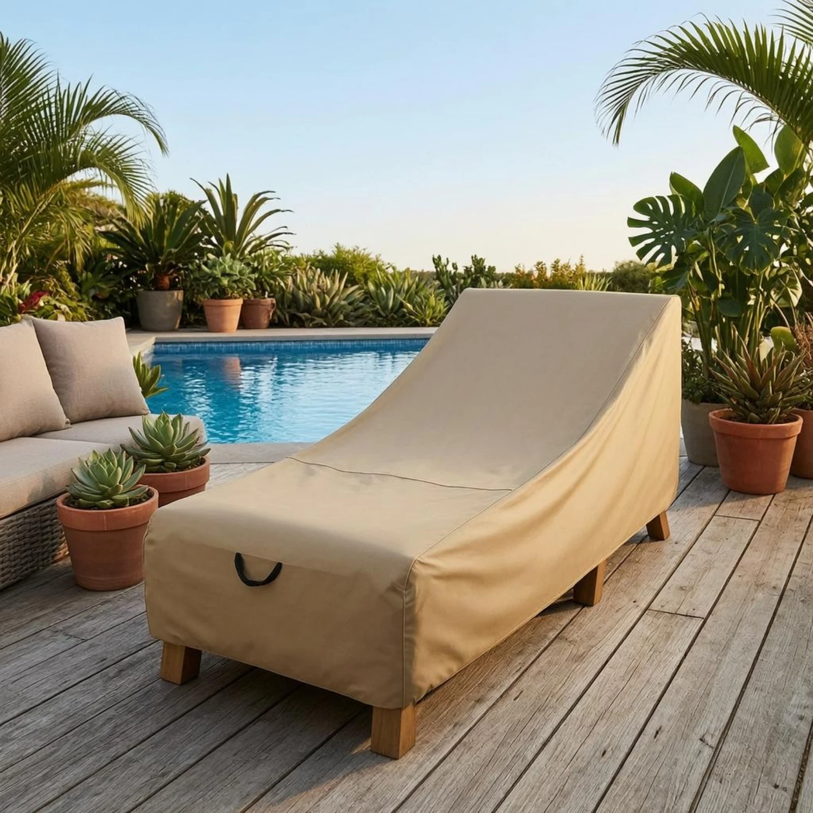 Patio Chaise Lounge Cover Khaki Chaise Lounge Cover Shielding Slipcover Stitched Seams Outdoor Protection Side Pull Tab