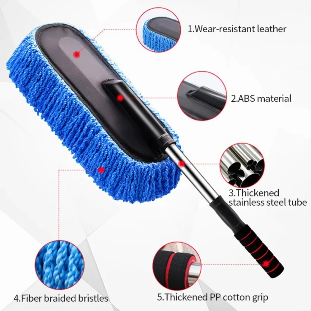 1pc Car Washing Mop Microfiber Soft Brush Extendable Handle Dust Remover Detailing Duster Auto Cleaning Tool Removable Washable