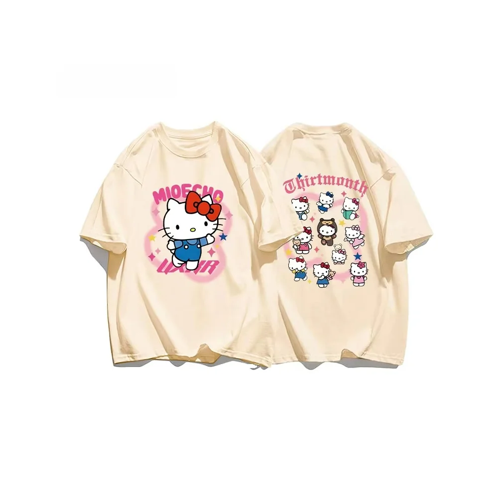صيف 2025 الحلو لطيف مرحبا كيتي مطبوعة القطن قصير الأكمام فضفاضة عادية المرأة تي شيرت تنوعا للمرأة بلايز عادية
