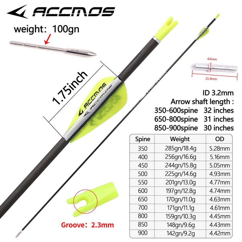 Accmos-Pure Carbon Arrow for Shooting and Hunting, Archery Accessories, Spine 350-1000, ID 3.2, 6PCs, 12 PCs, 36PCs, 0.009