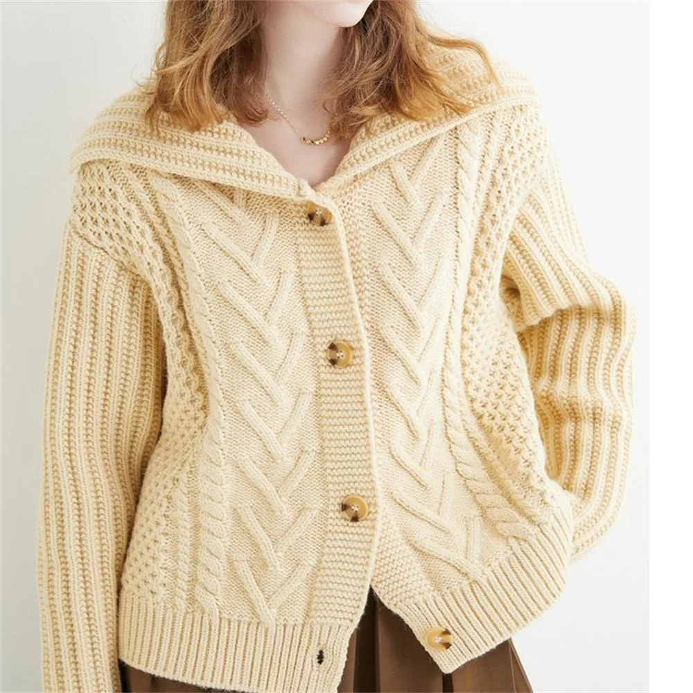 

autumn new loose knitted cardigan coat large lapel women's twist sweater