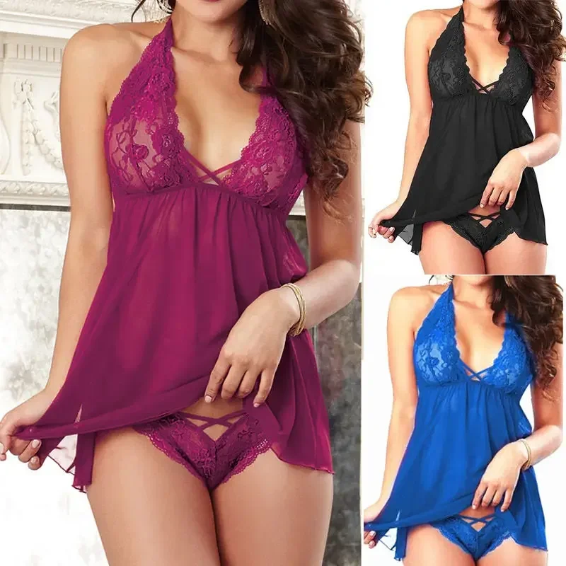 Sexy Lingerie Pajamas Ladies Sleeveless V-neck Nightdress Sexy Lace Dress Lingerie Thongs Sex Clothes Sexy Lingerie Pijama Mujer