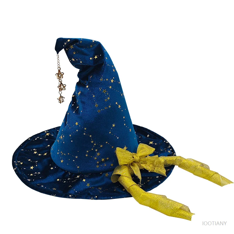 Sombrero de bruja de Halloween, sombrero de juego de rol, colgante de estrella con lazo amarillo, sombrero de bruja hecho a mano, regalo de fiesta, accesorios de disfraz de bruja de vacaciones 2025