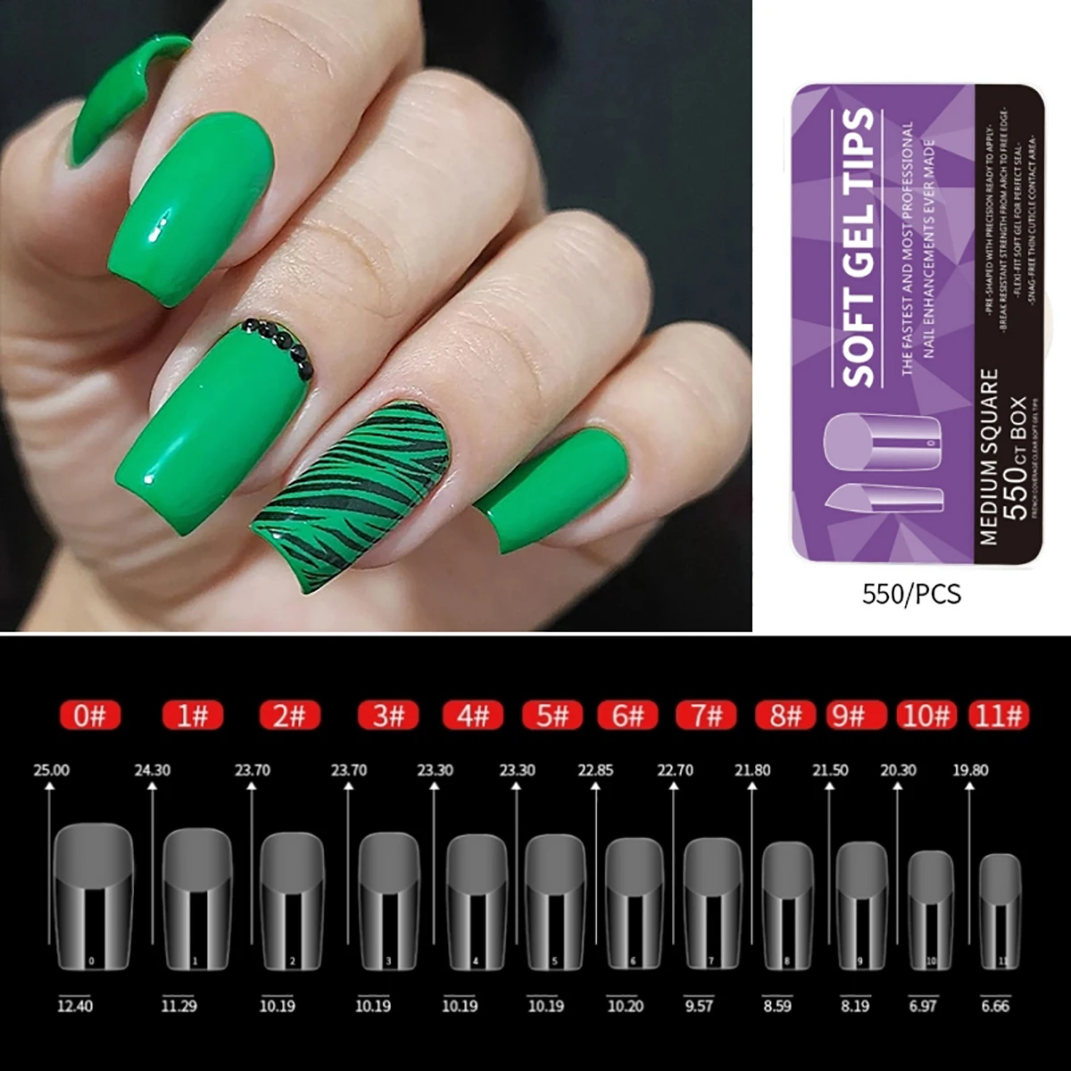 550 Stück Sargförmige Mandel-Soft-Gel-Nagelspitzen, künstliche halbe Abdeckung zum Aufdrücken, Acrylnägel in 11 Größen, künstliche Nägel, DIY-Maniküre-Verlängerungswerkzeuge – Detail 9