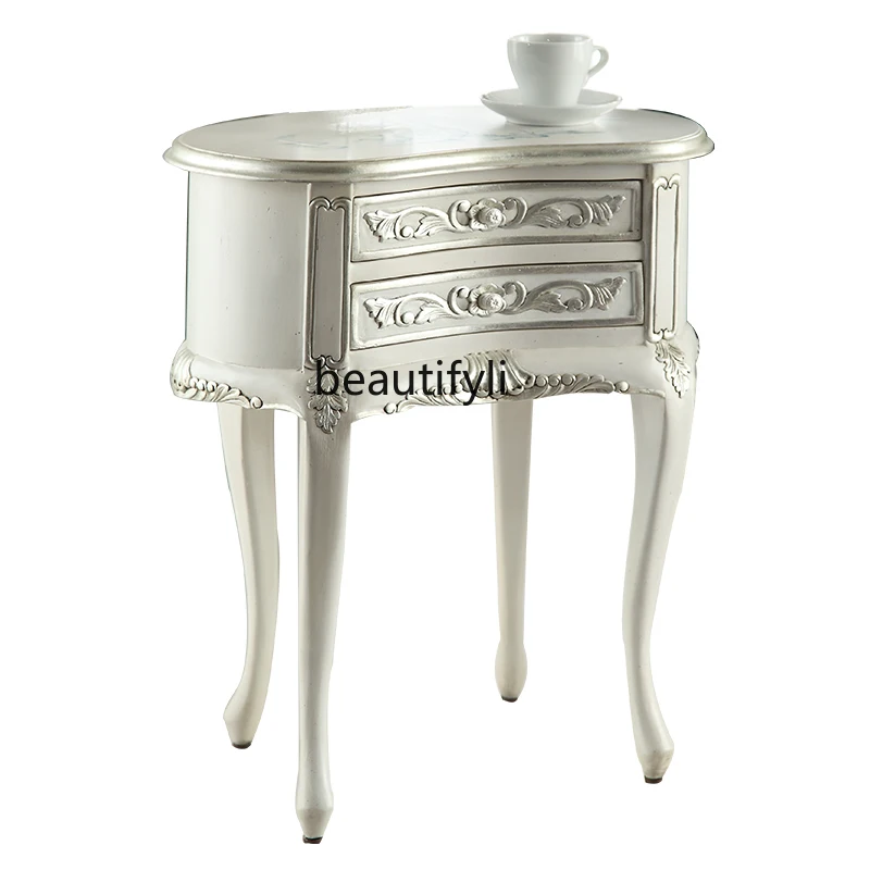 

Simple French Elegant White Drawing Silver Bedside Table Solid Wood Bedroom Furniture European Style Bedside Cabinet