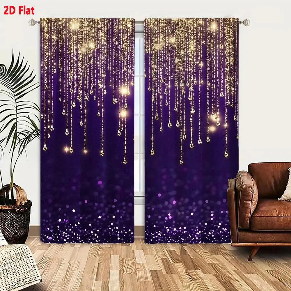 2Pcs Curtains 2D Flat Vibrant Abstract Background Deep Purple And Shimmering Gold Cascading Light Strands Glowing Orbs Ethereal