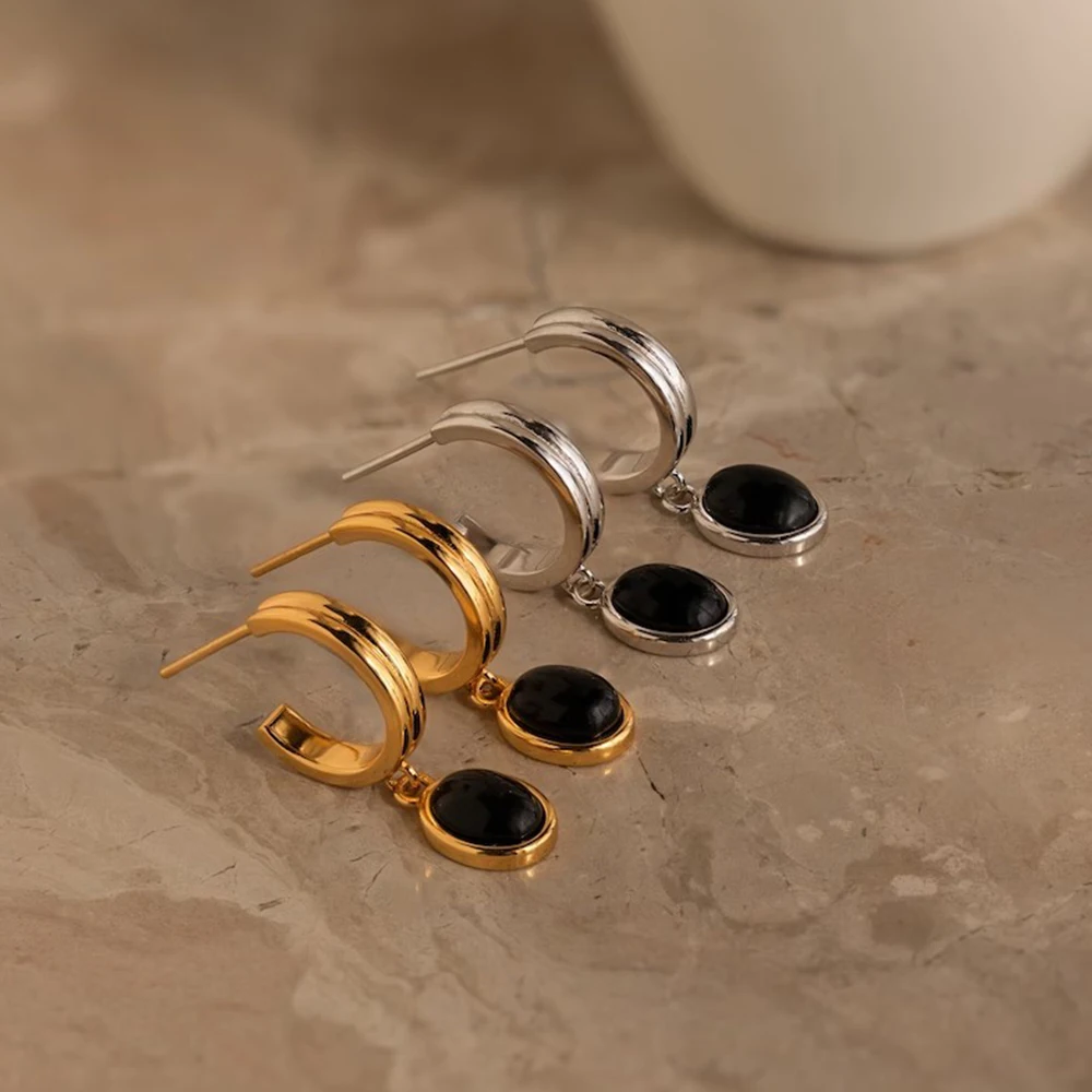 Exquisite Oval Natural Obsidian Huggie Earrings for Women Vintage Drop Earring Party Engagement Anniversary Elegant Jewelry Gift