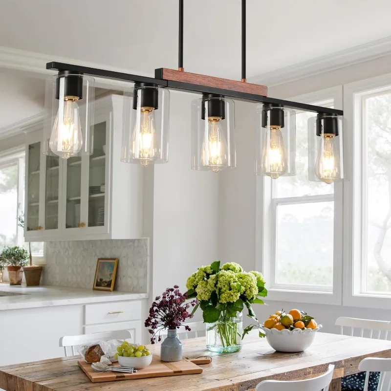 

5-Light Dining Room Light Fixture over Table, Glass Shade Pendant Lighting for Kitchen Island Farmhouse Chandeliers