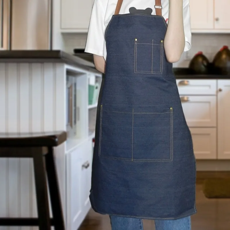 Denim Work Apron for Men Women Anti-stain Denim Apron Kitchen Home Cooking Workwear Cross Border
