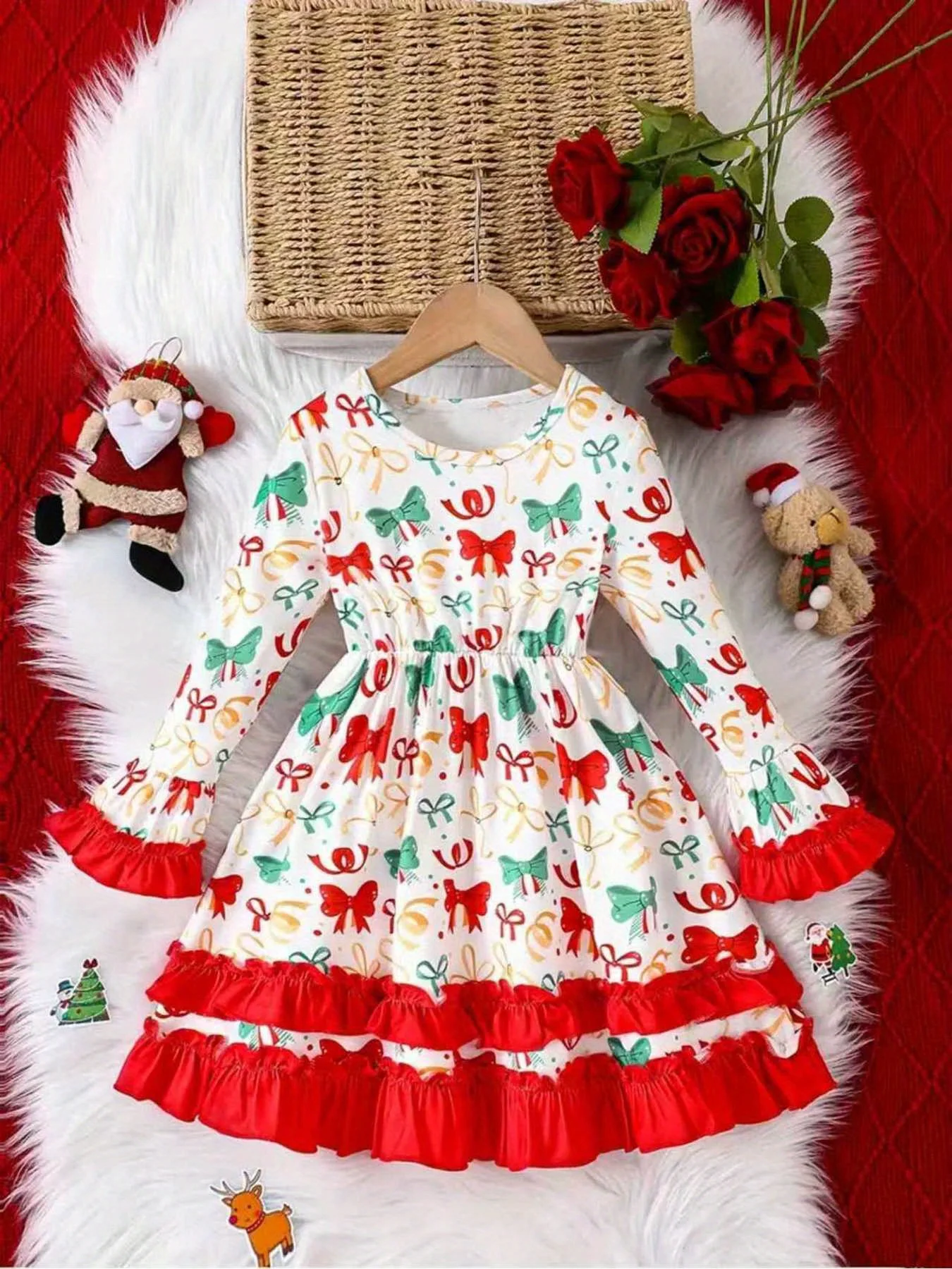 Children's Christmas Holiday round Neck Long Sleeved Dress with Trumpet Sleeves And Bow Print Mid-Length Skirt