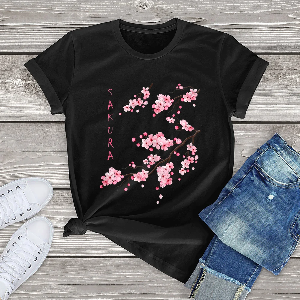 

100% Cotton Vintage Sakura Cherry Blossom Japanese Graphical Art Clothing Gift Women T-Shirt Printed Top Unisex Femme Casual