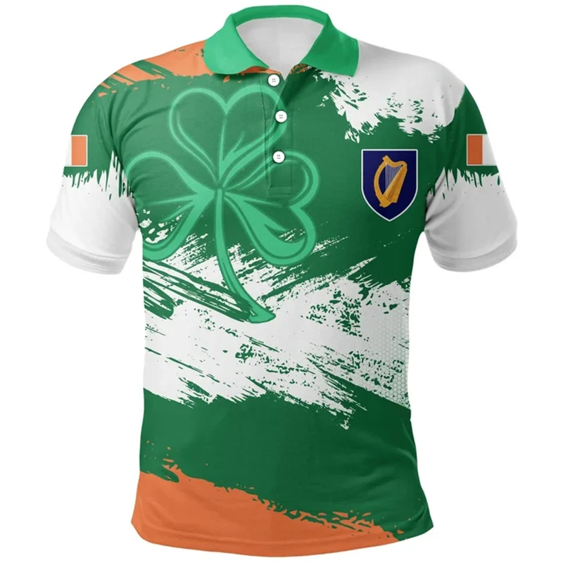 Summer Ireland Flag Polo Shirt For Men 3d Print National Emblem T-shirt Tops Casual Street Lapel Short Sleeve Button Shirts