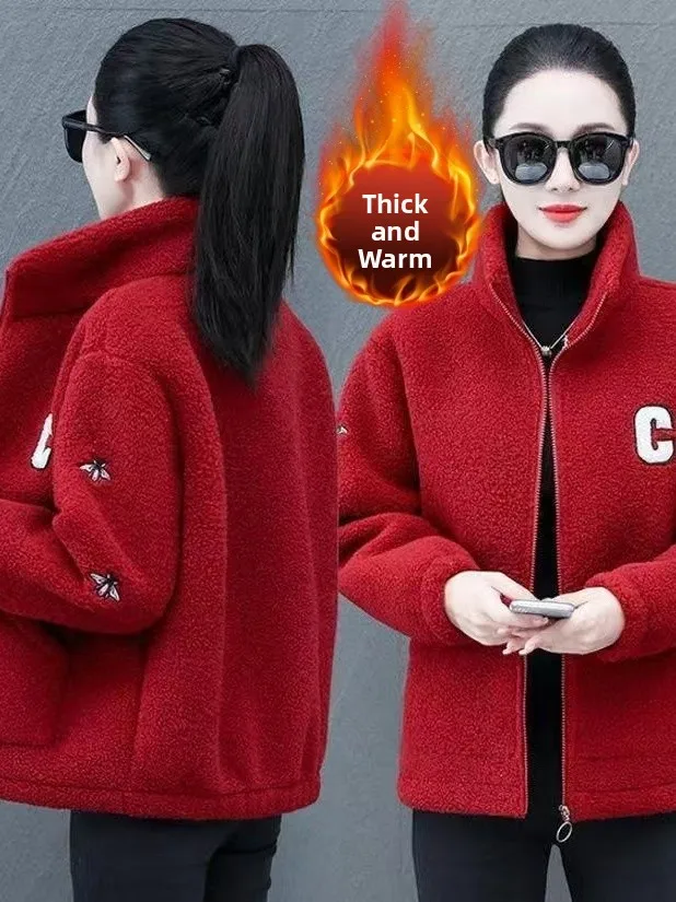 

Lamb Fur Lined Thiened Winter Jaet for Mom Casual Stand Sle Pure Color Polyester Fiber Warm Coat Zipper Closure