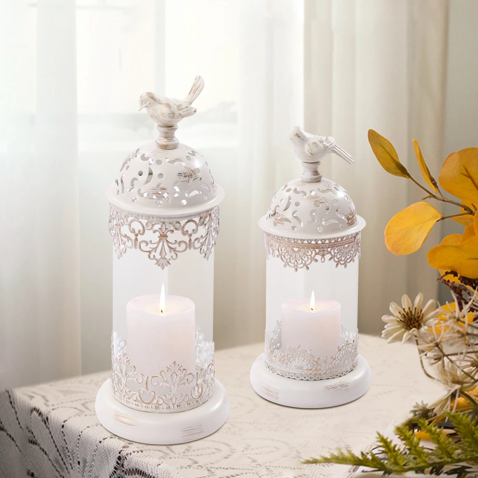 2pcs Vintage Metal Bird Cage Design Wedding Candle Holder Vintage Small Lanterns Crafts White