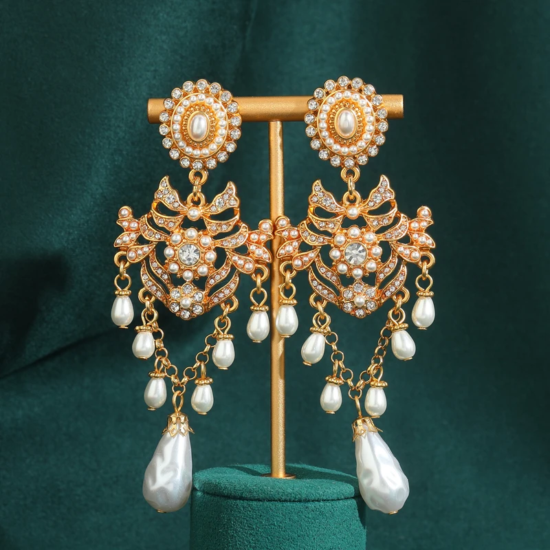 

Retro Palace Baroque Pearl Earrings Gold Color Tassels Drop Rhinestones Gothic Antique Jewelry for Woman Vintage Luxury New 2024