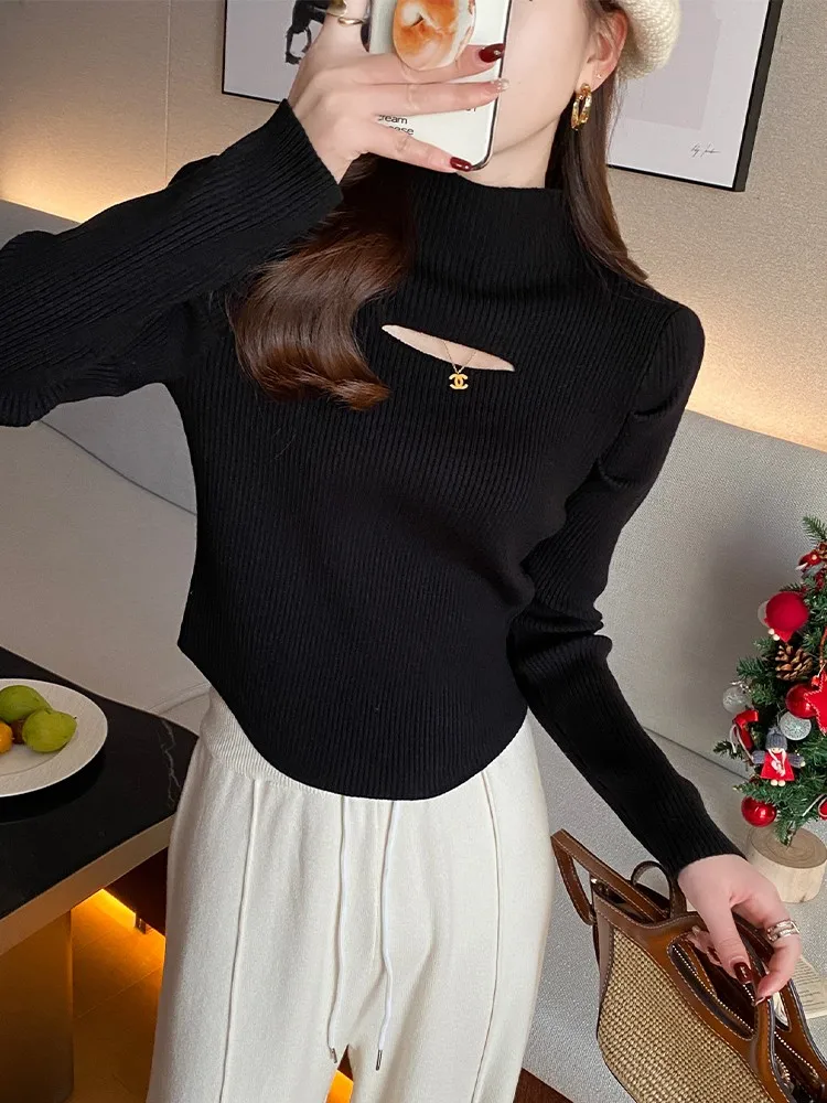 2024 Turtleneck Hollow-out Knitted Women Sweater Ribbed Pullovers Autumn Winter Basic Women Sweaters Fit Soft Warm Tops