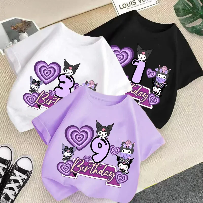 Kaus Kuromi Lucu Kaus Nomor Ulang Tahun Kawaii Sanrios Digit Kartun Anak Musim Panas Lengan Pendek Pakaian Anak Perempuan Kasual Hadiah Atasan Anak-anak