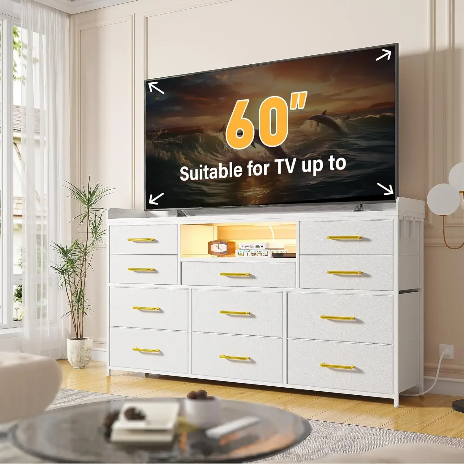 Dresser for Bedroom with 11 Drawers for 60" TV Stand for Bedroom with LED Lights & Charging Station Long Dresser with Shelves image 2