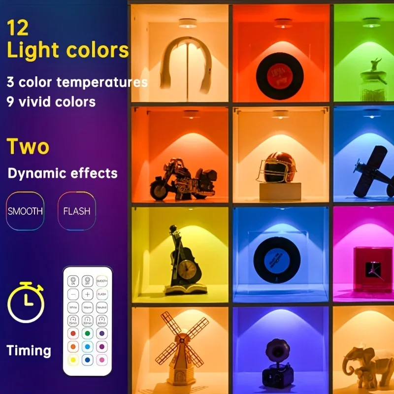 LED Night Lights RGB Wireless Cabinet Lamp 12 Color Type-C Rechargeable Remote Control For Room Bedside Pathway Cabinet Lighting