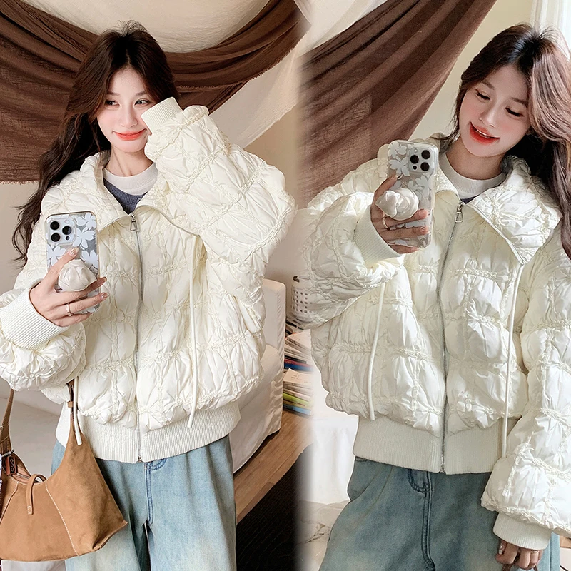 Fashion Versatile down jacket women's 2025 winter new college style lapel collar puff plaid thick and warm down jacket