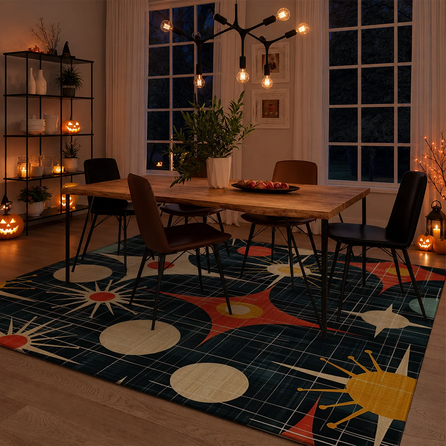 Large Indoor Area Rug - Soft Velvet Low Pile, Non-Slip Dotted Backing, Machine Washable Mid-Century Atomic Starburst Dark Blue Decorative Rug for Living Room Bedroom