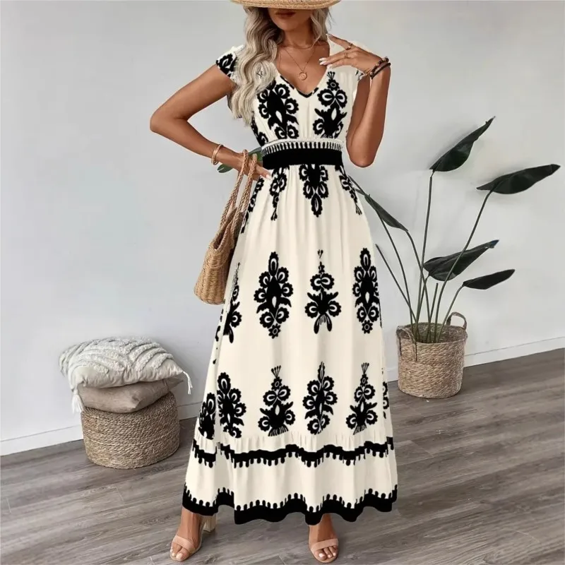 Verão boho férias praia vestido de impressão verão moda cintura alta magro casual decote em v balanço elegante senhoras escritório vestidos longos