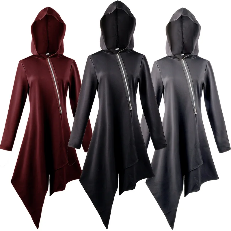 

Vintage Cape Hooded Medieval Witch Dresses Cosplay Costumes Women Autumn Lace Up Gothic Party Irregular Dress Vestidos Robe