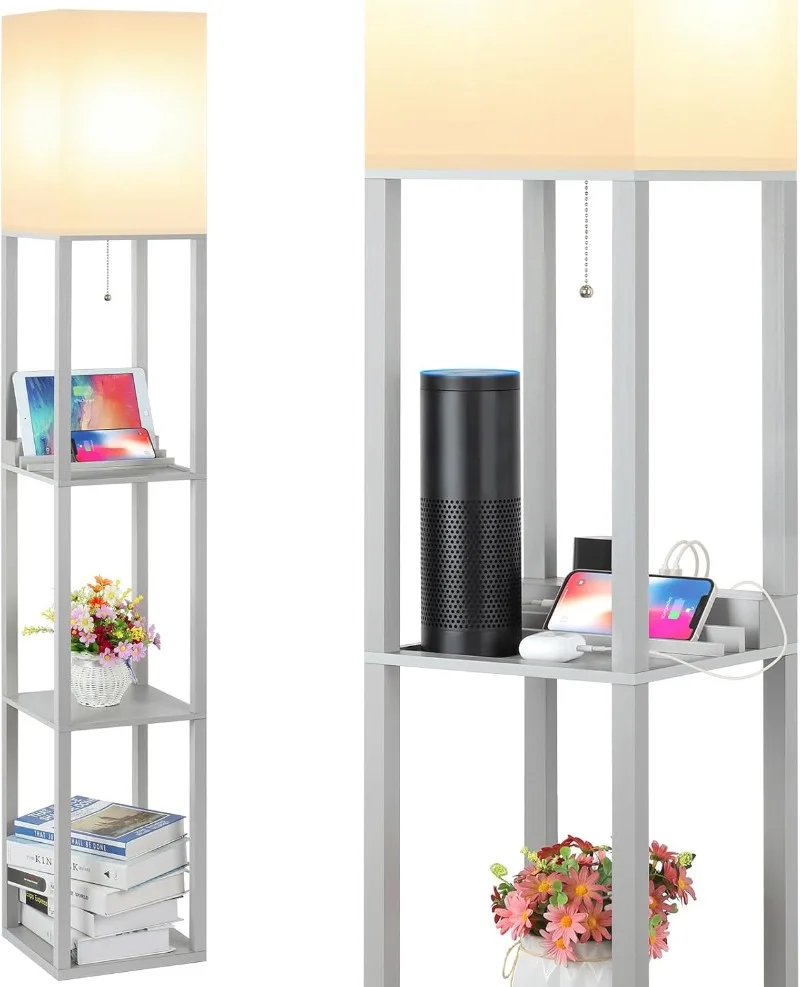 

HAI Shelf Lamp, Modern Standing Ligths with 2 USB Ports and 1 Power Outlet, 3-Tiered Display Floor Lamps with Shelves