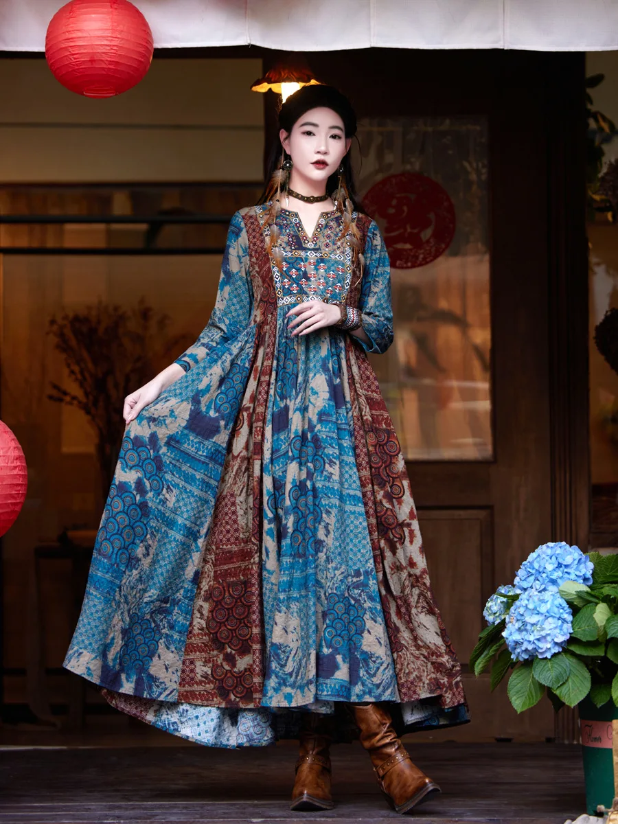 TIYIHAILEY-V Neck Chinese Style Dress for Women, 3/4 Sleeve, Printed Pockets, Vintage, Long, Mid-Calf, New, 2025 Fashion,M-2XL