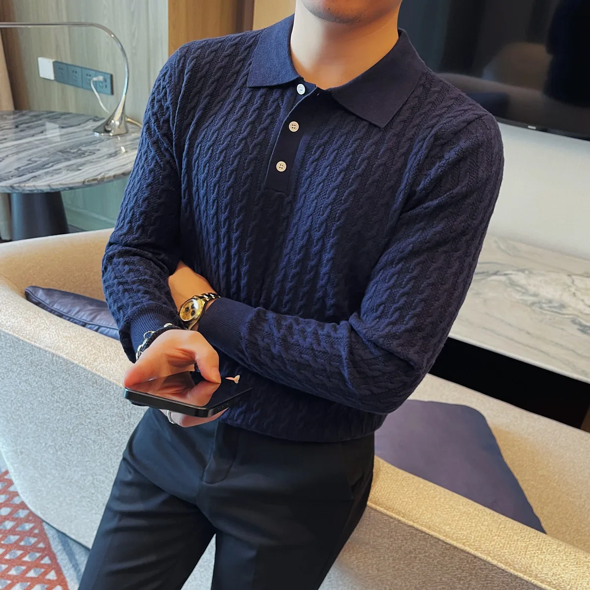 

Свитер с отложным воротником в британском стиле, мужские зимние новые вязаные пуловеры с длинными рукавами, облегающие повседневные мужские свитера, 3 цвета