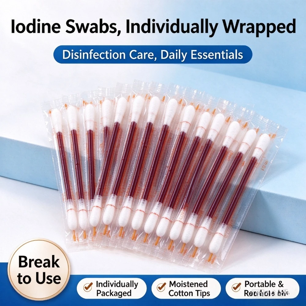 Disposable iodine swabs, individually wrapped, for travel and outdoor wound care, a household essential.