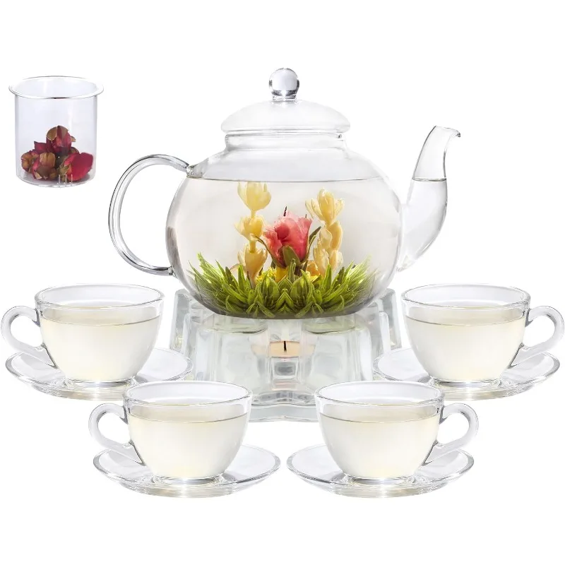 

Glass Teapot Set, 40OZ/1200ml Stovetop Safe Glass Tea Kettle with Removable Infuser & Tea Warmer, Tea Cups and Saucers Set of 4