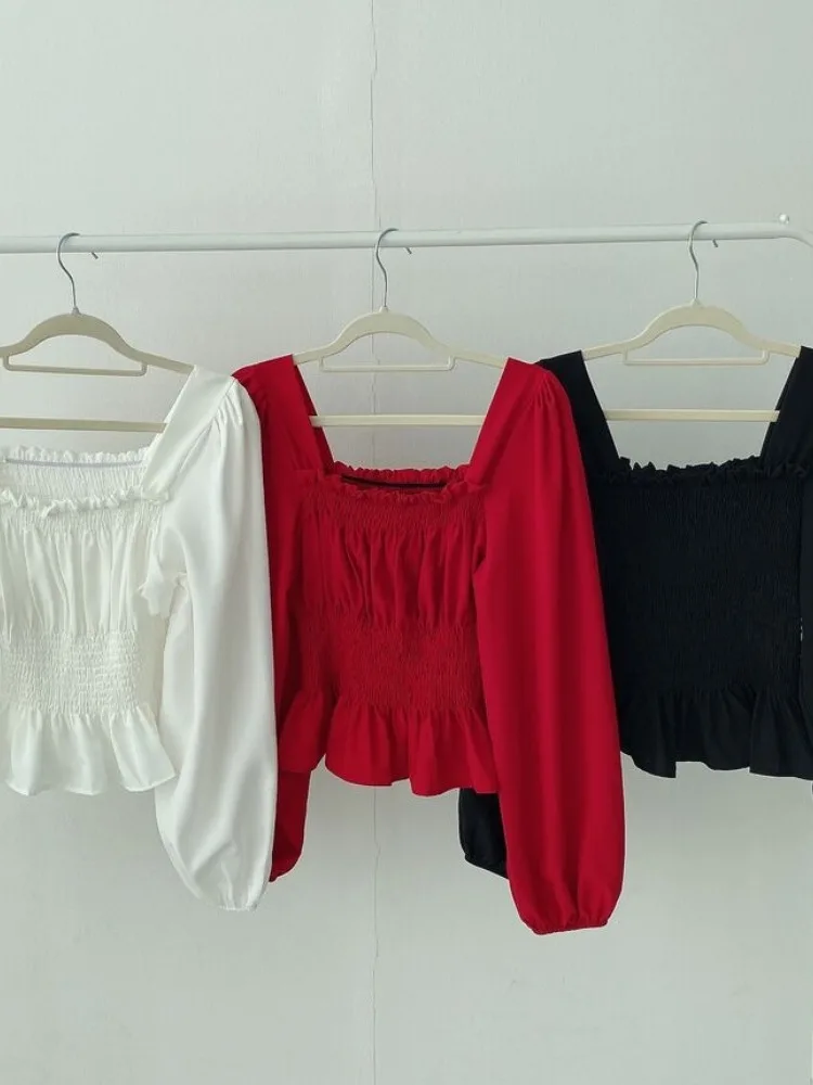 

Ele Vintage Long Sve irt Women's Faion Slim Fit Elastic Waist Square Collar Top Chic Anti-Aging Spring Design