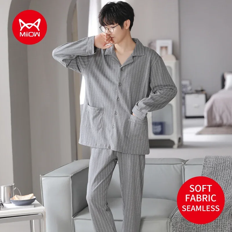 MiiOW Male Pajamas Full Cotton Man Homewear Long Sleeve Turn-down Collar Men\'s Sleepwear Loose Mens Winter Grey Striped Pyjamas