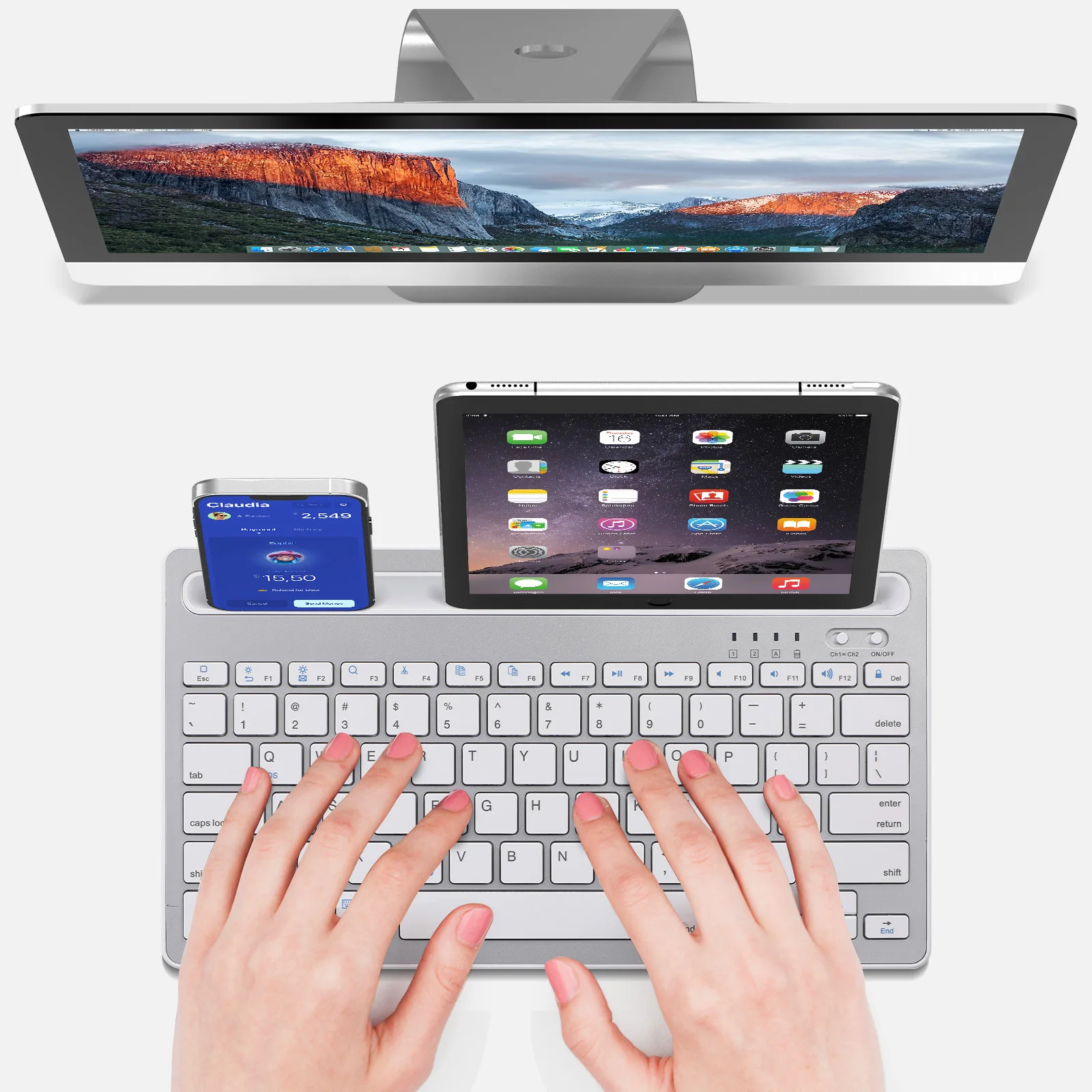 Silent Keyboard White K003C Wireless Rechargeable For Laptop Mobile Phone Tablets Noiseless Portable Multi Device Connection