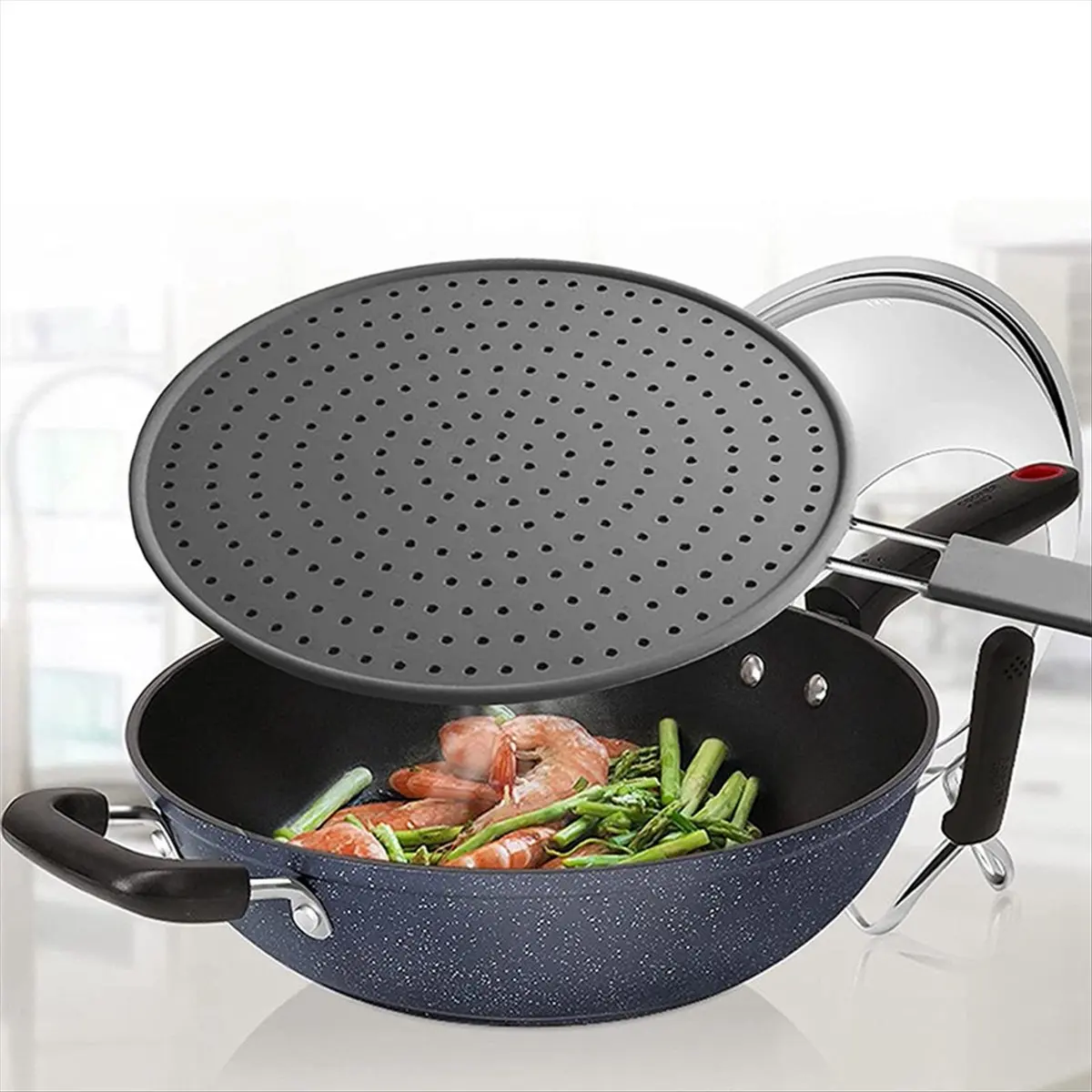 wilwill Kitchen Splash Plate with Handle Isolation Hot Oil Protection Plate Drain Plate Cover Kitchen Frying Pan Cover