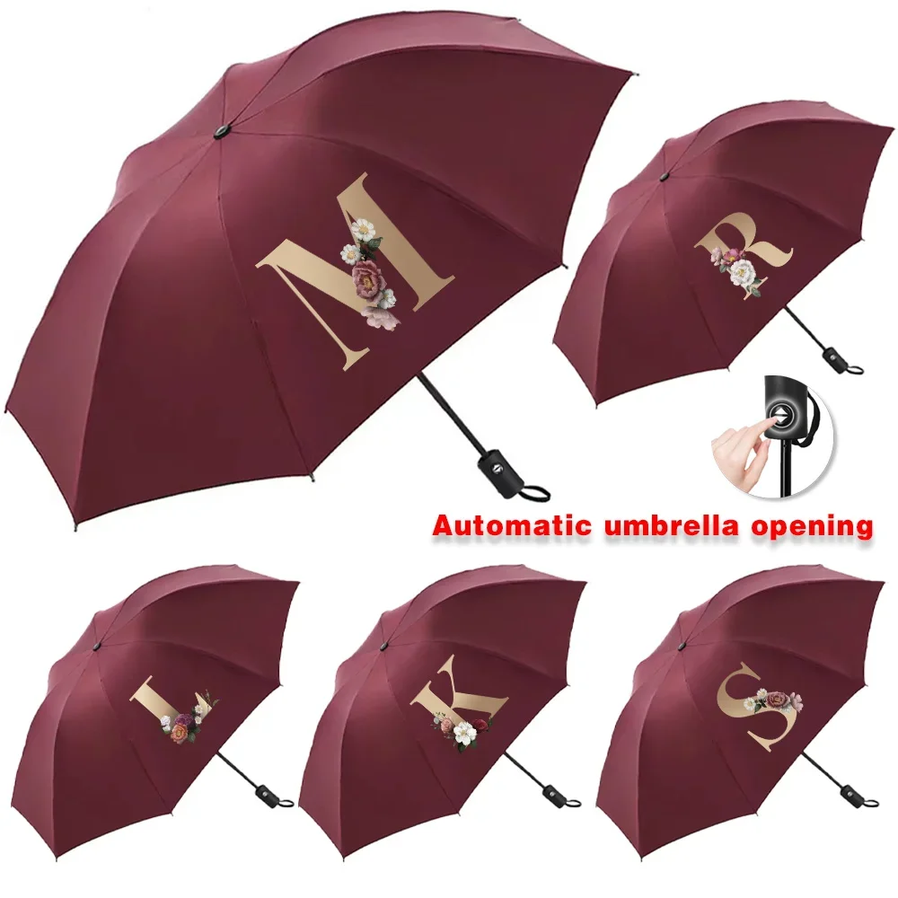 Umbrella for Sunshine and Rainy Windproof Strong Automatic Folding Large Buckle Handle Double Bone Resistant Gold Letter Printed