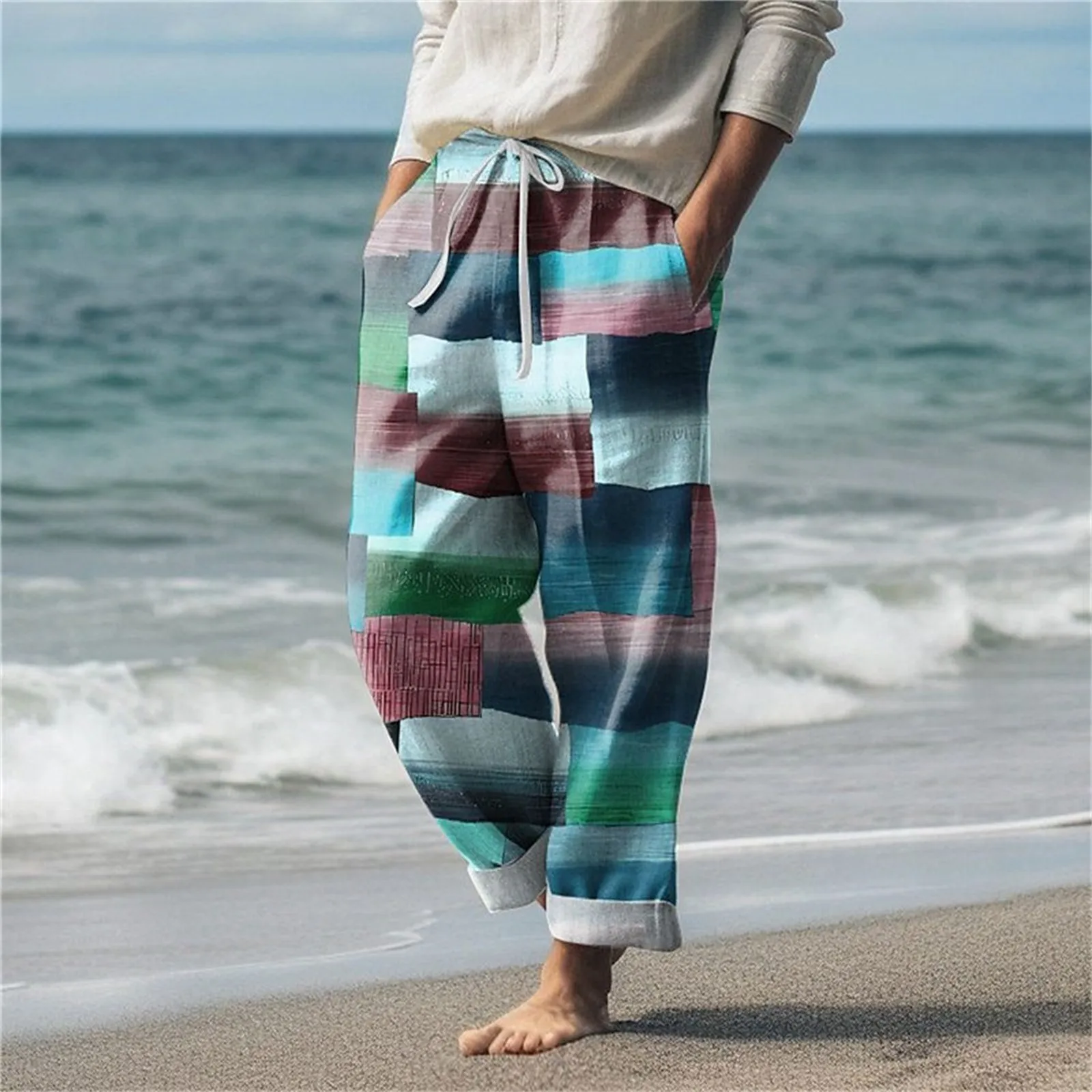 Men's Summer Beach Drawstring Elastic Waist Pattern Color Block Geometric Pattern Breathable Soft Holiday Women Summer Pants