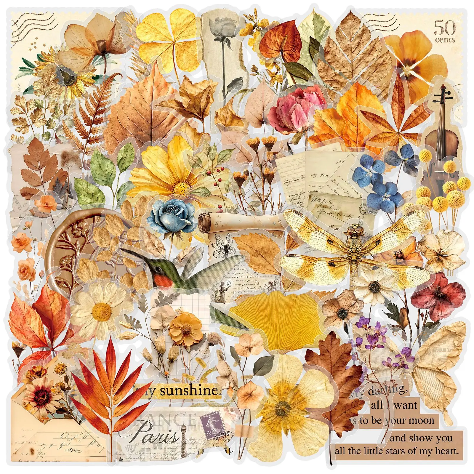 

50PCS Retro Plant Flower Stickers Transparent Waterproof PET Graffiti Water Cup Skateboard Phone Case Notebook Toys Gifts