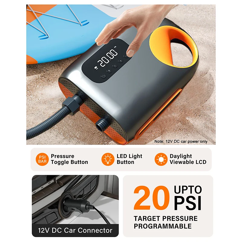 Paddle Board Pump, 20PSI Dual Stage Inflation & Deflation SUP Pump With Auto-Off Function & 12V DC Car Connector