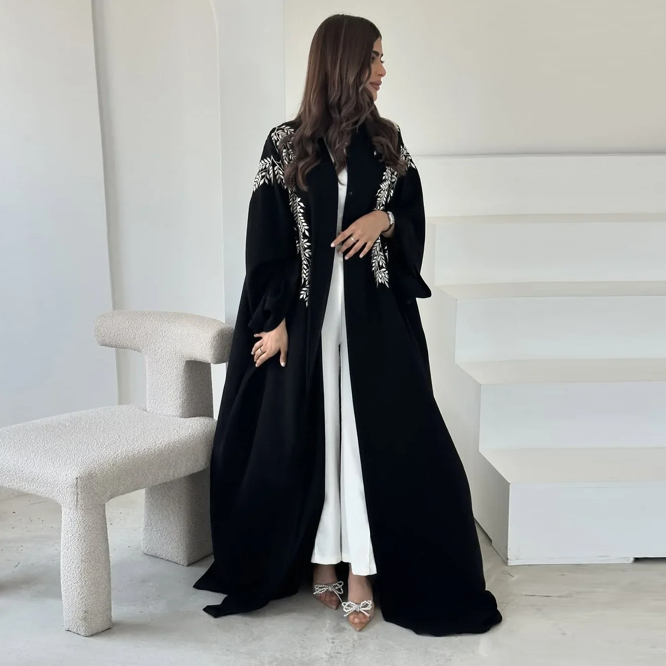 

Saudi Coat Embroidery Craft Muslim Women Middle East Ins Fashion Vintage Abaya Robe Open Cardigan Loose