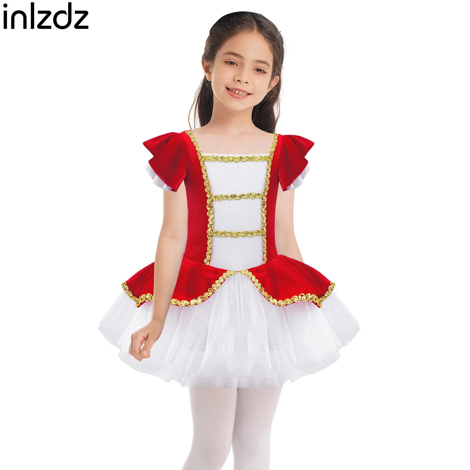 4-16 Kid Girl Mini Dresses Ballet Dance Party Cute Cosplay Costume Short Sleeves Patchwork Dance Jumpsuit with Sequins Mesh Hem