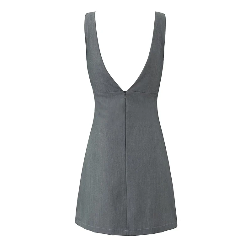 YENKYE High Street Women Gray Bow Tank Dress Sexy Sleeveless V  Neck A-line Mini Dress Summer Robe