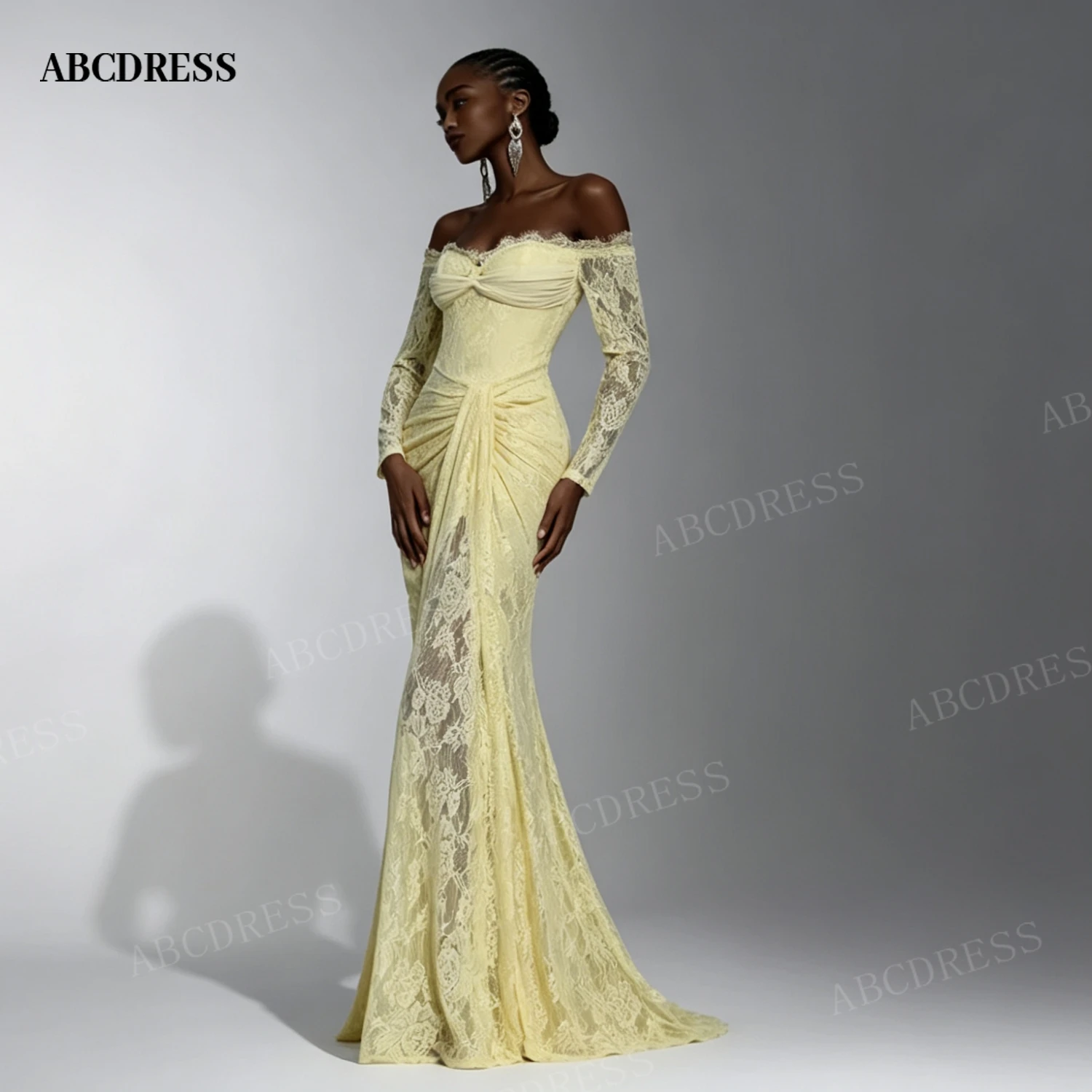 ABCDRESS Customized Yellow Off Shoulder Long Sleeve Lace Prom Evening Dress Twist Waist Sheer Mermaid Prom Party Homecoming Gown